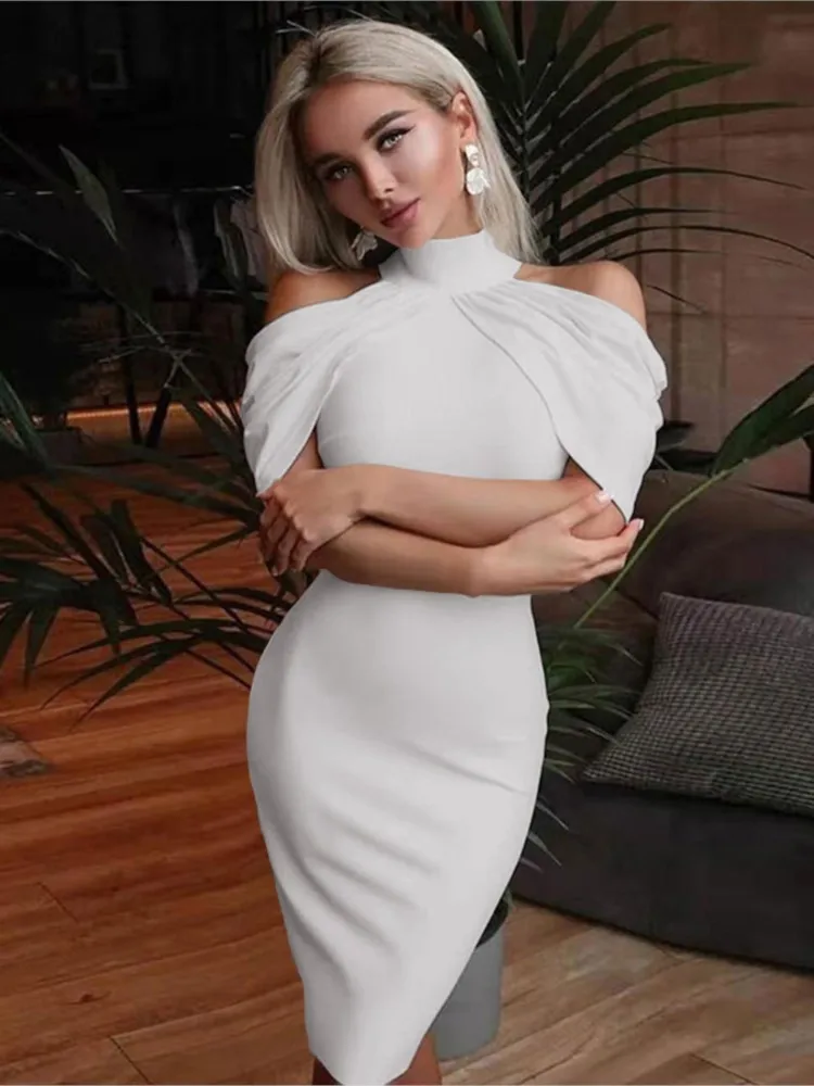 Summer New Solid Color Slim Vestidos Women Halter Neck Off Shoulder Package Hip Bodycon Elegant Temperament Ladies Vestidos