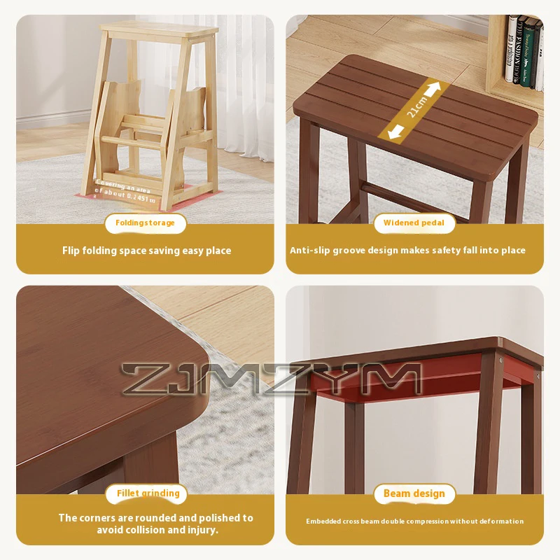 Solid Wood Folding Ladder Stool Household Three-step Climbing Stool Dual-use Indoor Multifunctional Step Ladder Stool image 4