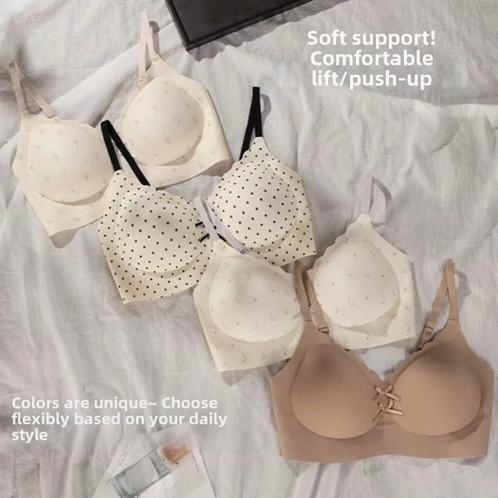 Traceless Dots Wireless V Bra Shockproof Gathered Breasts Brassiere for Women Lingerie Anti-sagging Seamless Floral Print Bra
