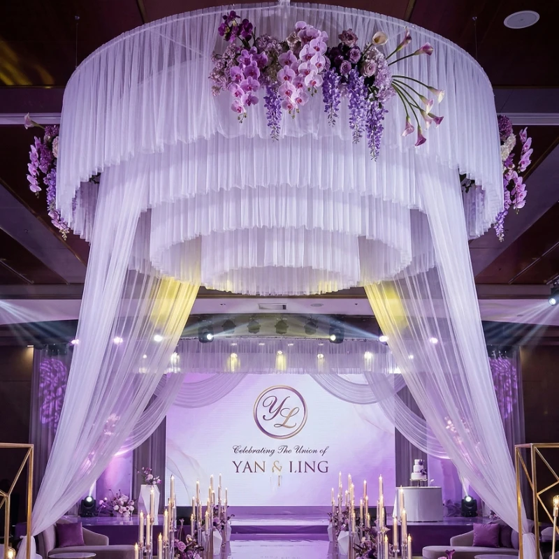 

Wedding Stage Top Arrangement Swiss Mesh Iron Ring Ceiling Hanging Decor Elegant Wedding Supplies for Hotel Hall Special Events