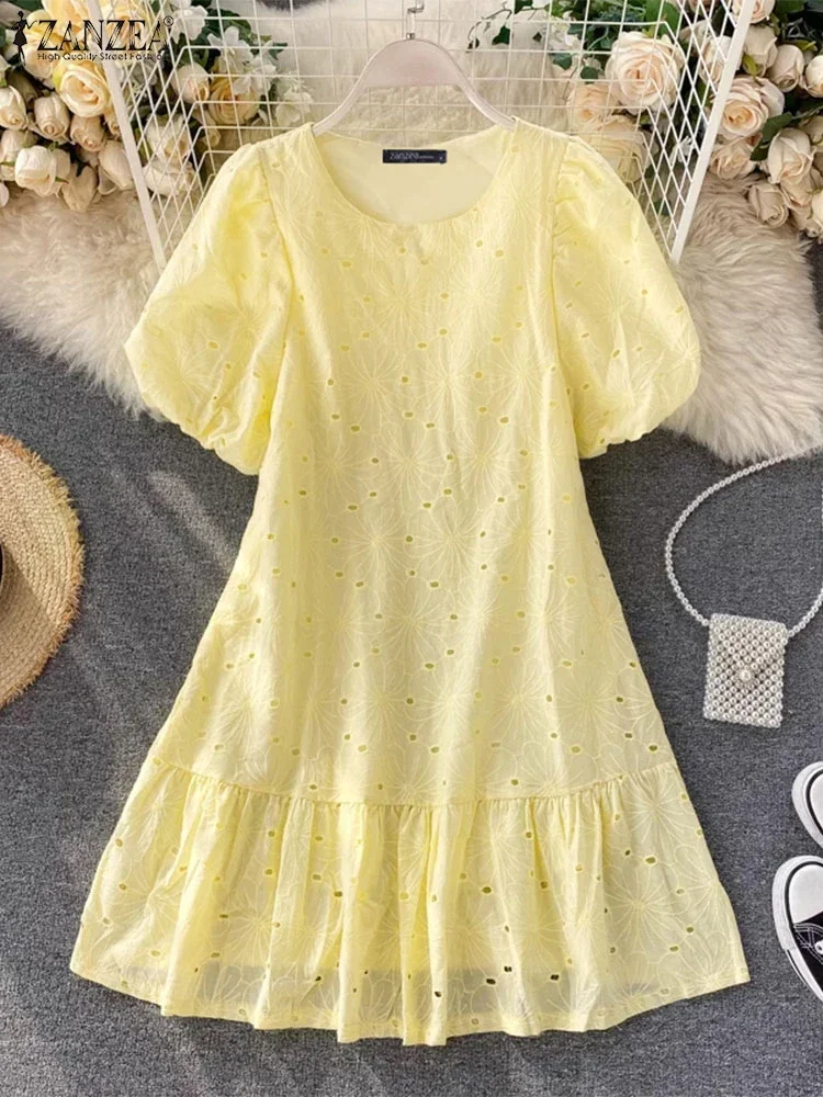 2023 ZANZEA Sommer Frauen Mini Kleider Mode Spitze Gestickte Vestidos Kurze Puff Sleeve Party Robe Koreanische Plissee Sommerkleid