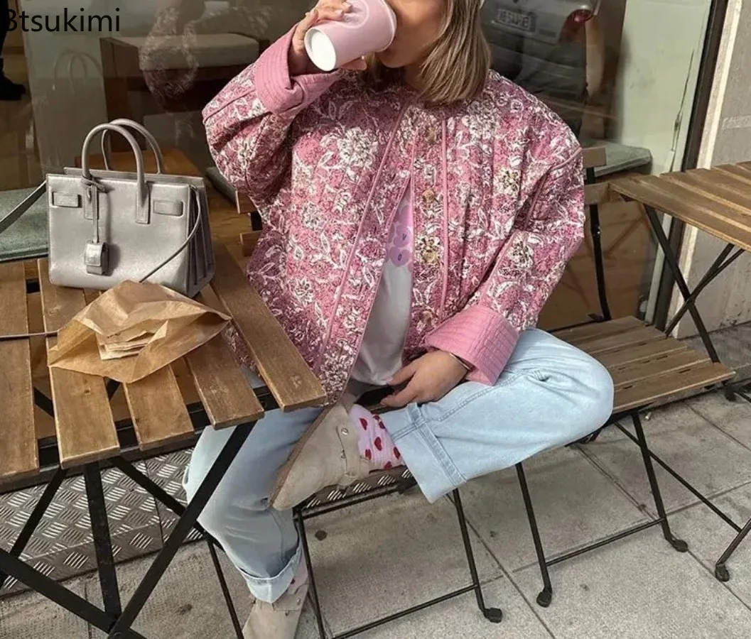 Floral Print Women Quilted Jacket Women Winter 2025 New Thickened Stand-up Collar Warm Coat Fashion Female Streetwear Outerwear