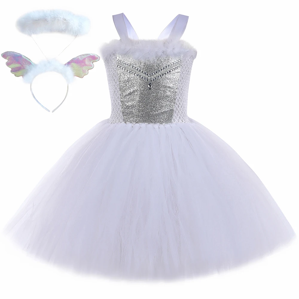 White Angel Costume for Girls Princess Fairy Tutu Dress with Wings Halo Wand Baby Kids Halloween Birthday Party Dress Up Outfit