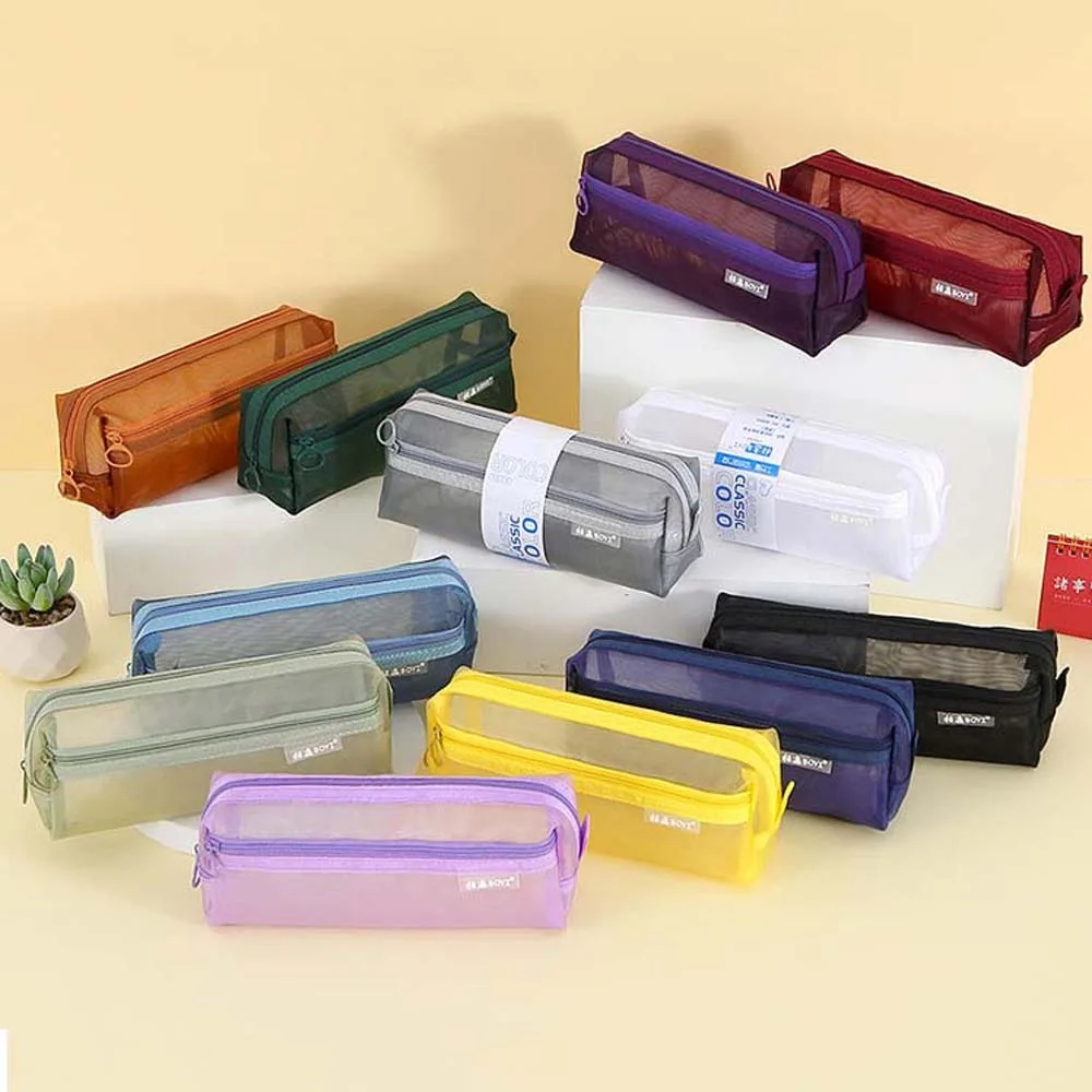 Stationery Double Mesh Pencil Bag Transparent Coin Purse Mesh Zipper Case Large Capacity Nylon Cosmetic Storage Bag