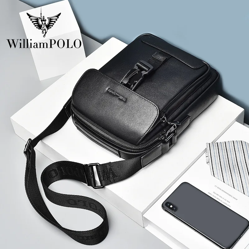 WILLIAMPOLO Casual Men\'s Bag Genuine Leather Crossbody Bag Korean Style Youth Shoulder Bag Business Small Square Bag Men Handbag