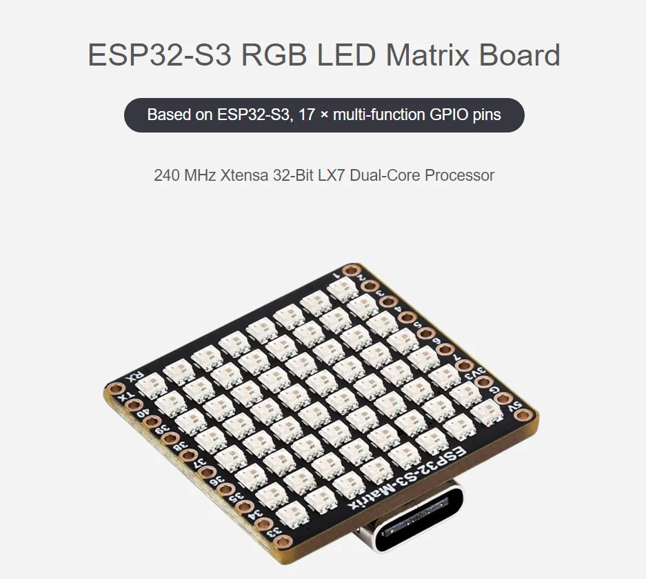 ESP32-S3-Matrix-Entwicklungsboard, integrierte 8×8 RGB-LED-Matrix und QMI8658C-Lagesensor, unterstützt Wi-Fi und Bluetooth LE – Detail 4