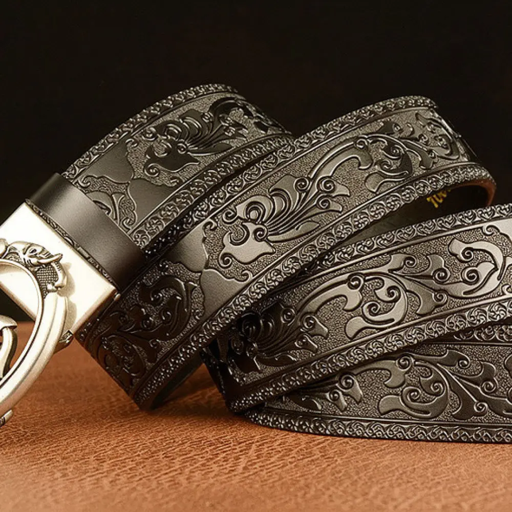 Mens Automatic Belt Cowhide Leather Anchor Shape Buckle Retro Ethnic Embossed Strap Casual Daily Fashion Waist Belt