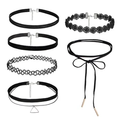 6Pcs/set Gothic Tattoo Black Lace Leather Velvet Collier 90S Punk Style Choker Necklaces