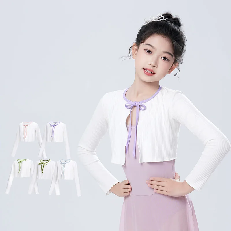 Autumn Girls Ballet Cardigan Wrap Tops Kid Modern Classical Coat Ballet Jacket Long Sleeve Gymnastics Dance Knitwear Cropped Top