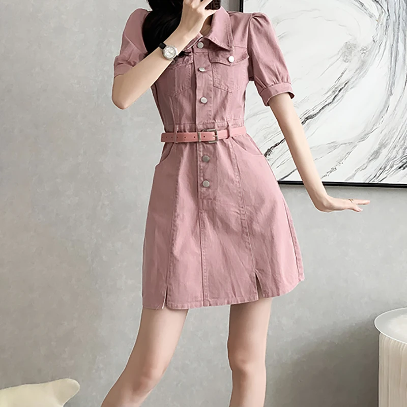 EVNISI Women Elegant Short Sleeve Denim Dress With Belt Polo Collar High Wais Slim Office A-line Dresses Women Summer Vestido