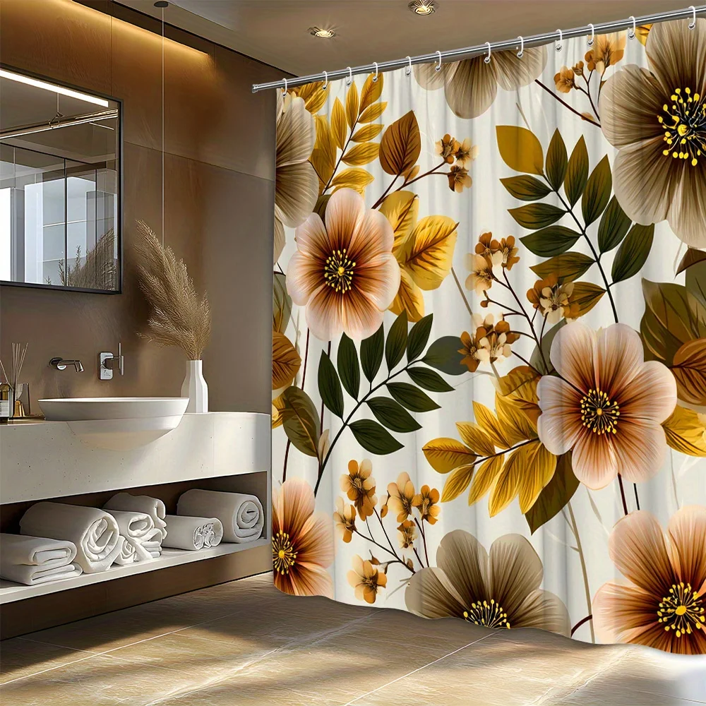 

1 Peach Blossom Pattern Shower Curtain - Realistic and detailed floral and leaf design on a soft cream background