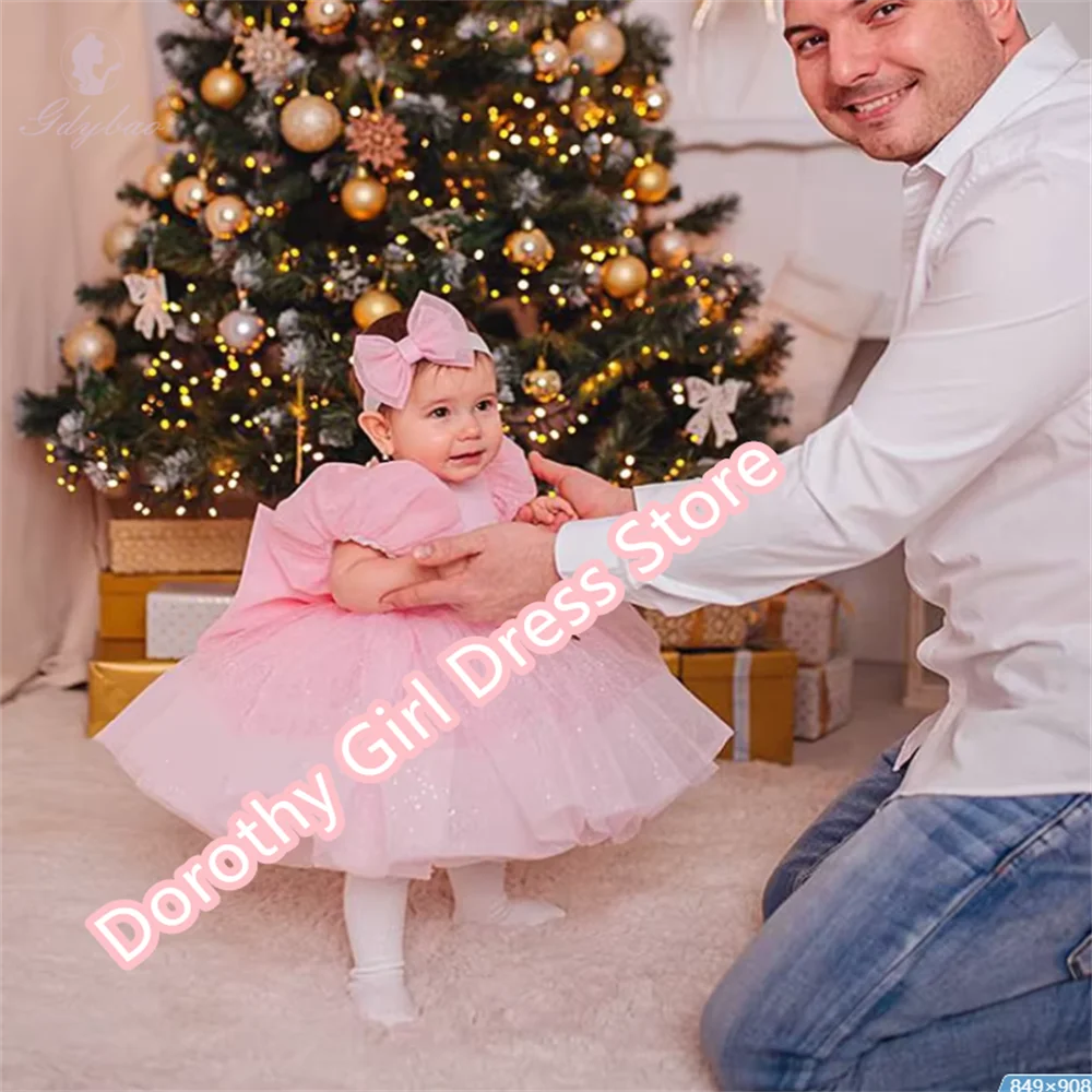 

New Pink Baptism Lovely Flower Girls Dress Puffy Bow Christening First Birthday Toddler Tutu Beauty Pageant
