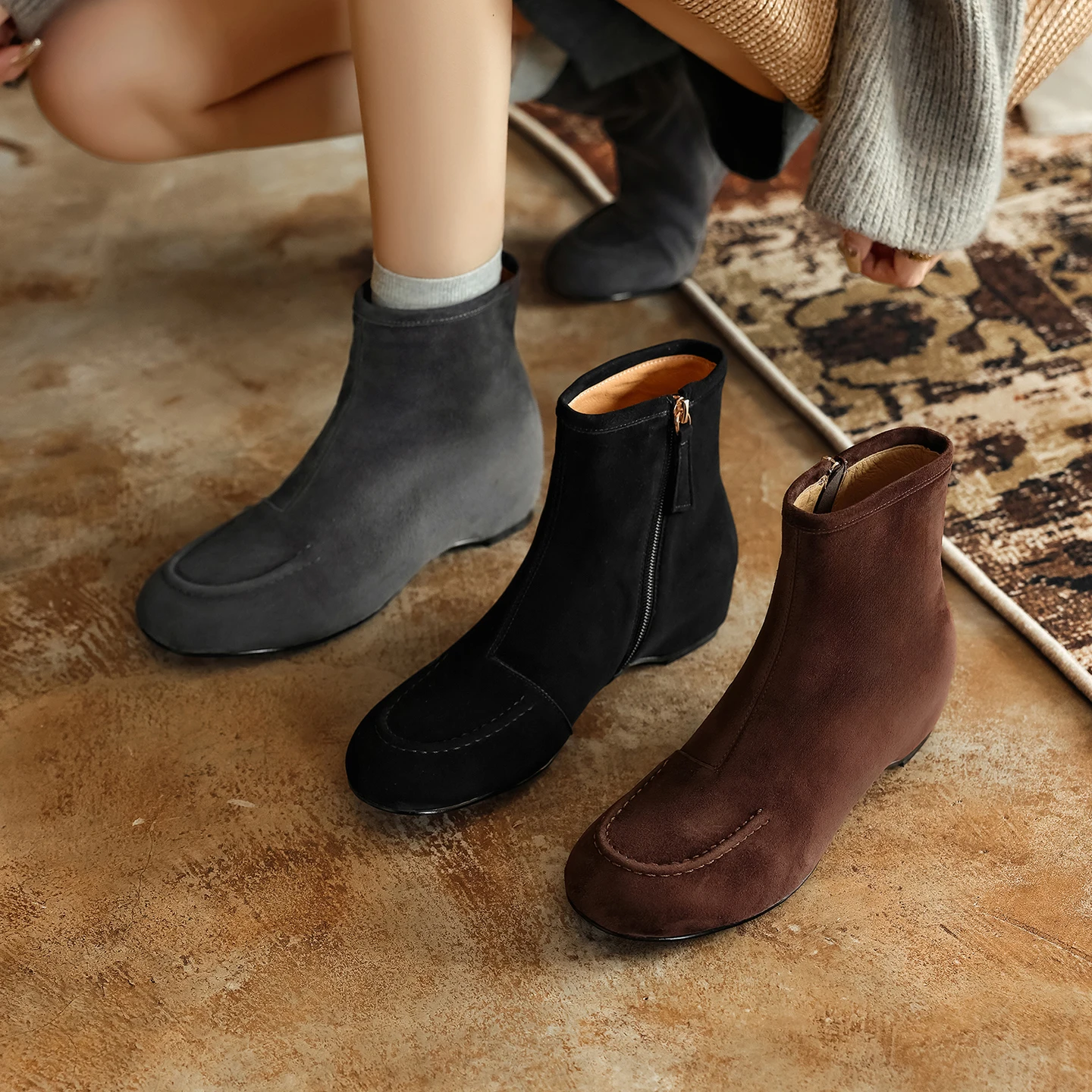 2026 new autumn winter women ankle boots natural leather 22-25cm sheep suede+pigskin/plush round toe side-zip women short boots