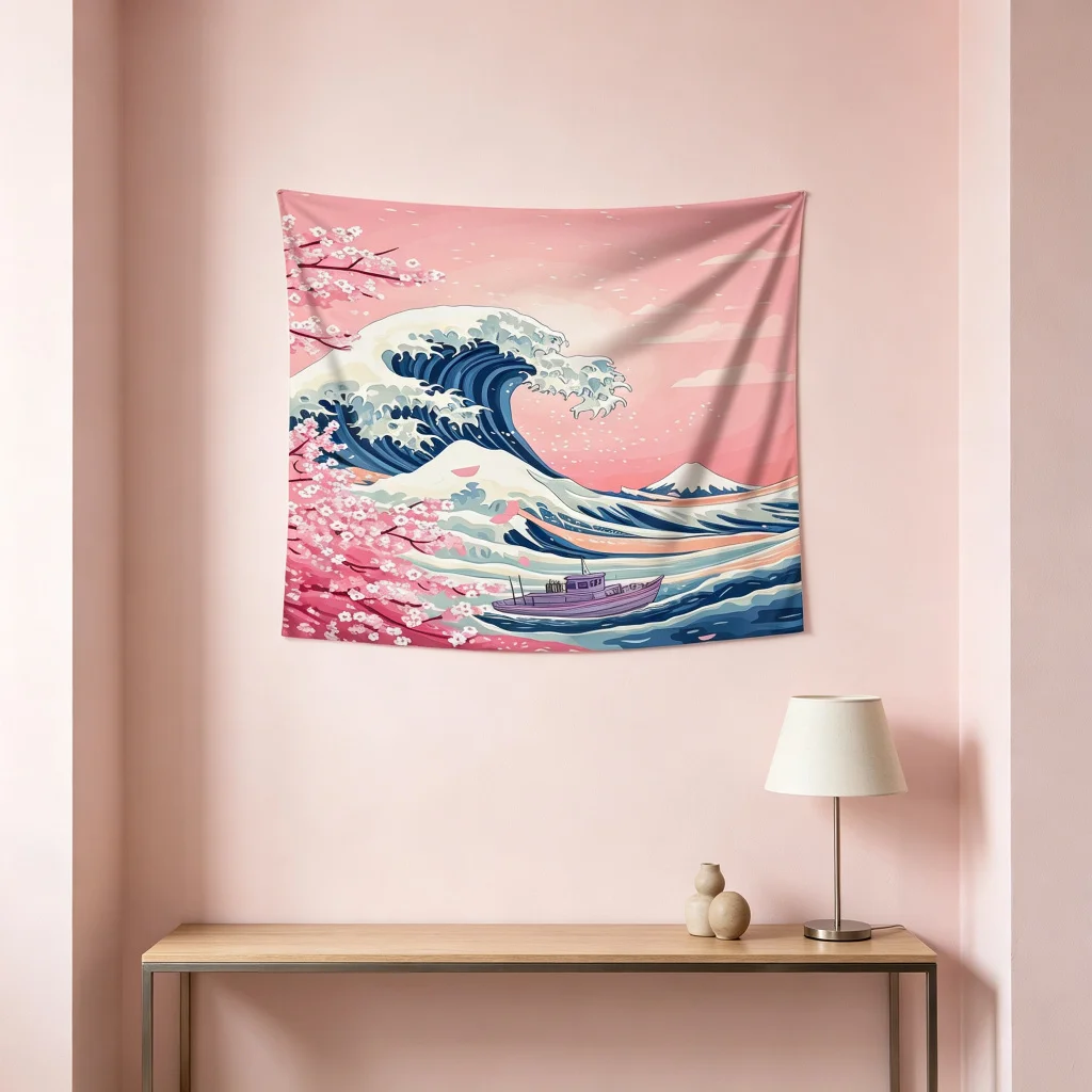 1PC Cherry Blossom Waves Print Backdrop Banner, Bedroom Photo Background, Polyester Wall Hanging, Home Decor, Wall Art
