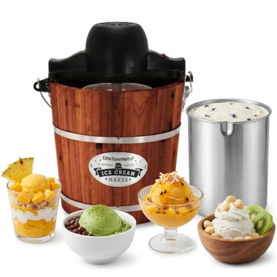

Old Fashioned 4 Quart Vintage Wood Bucket Electric Ice Cream Maker for Home Use, Natural Wood Finish, Churns Ice Cream with Ice