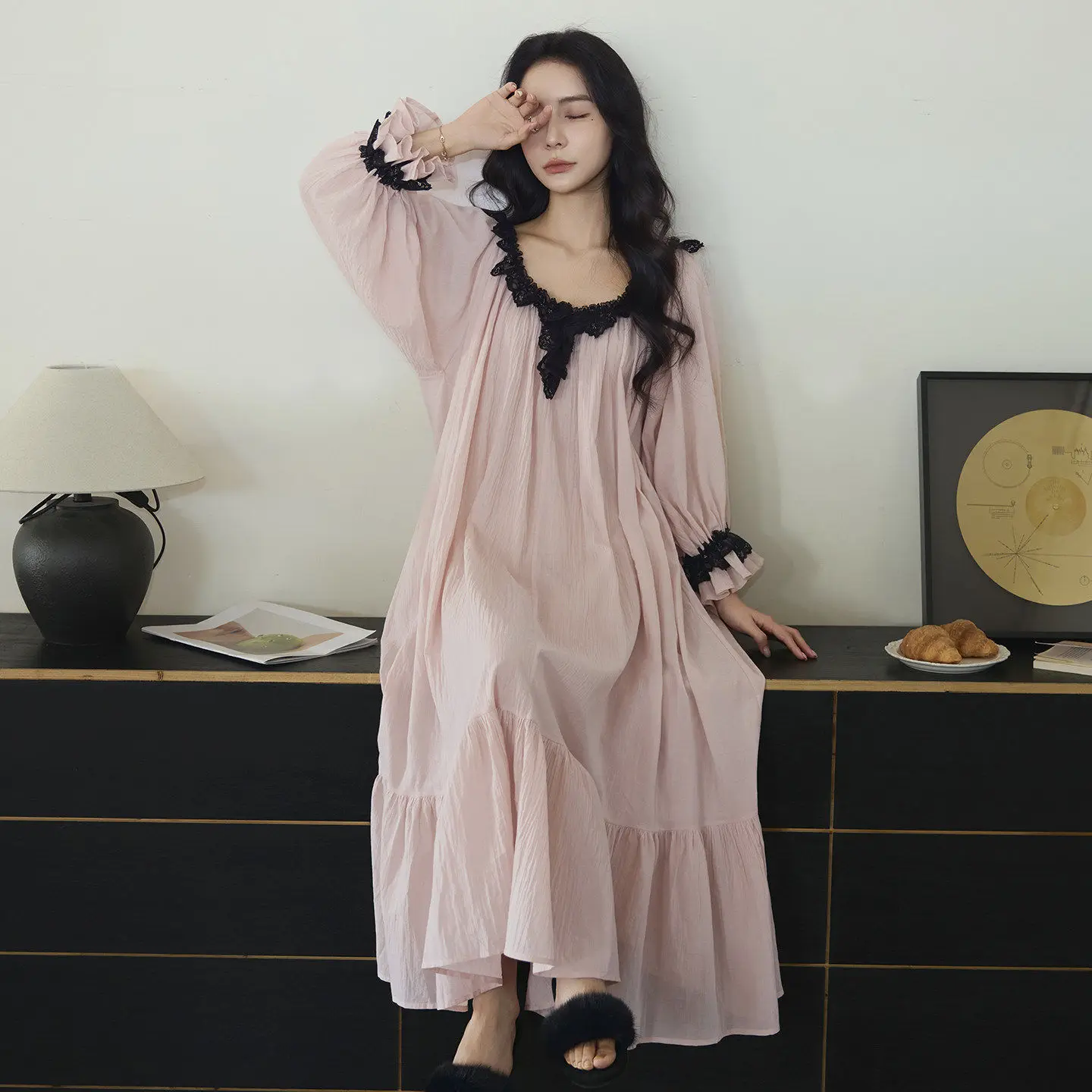 Korean version of fashion age-reducing nightgown women's spring new French lazy vacation style thin long-sleeved home skirt