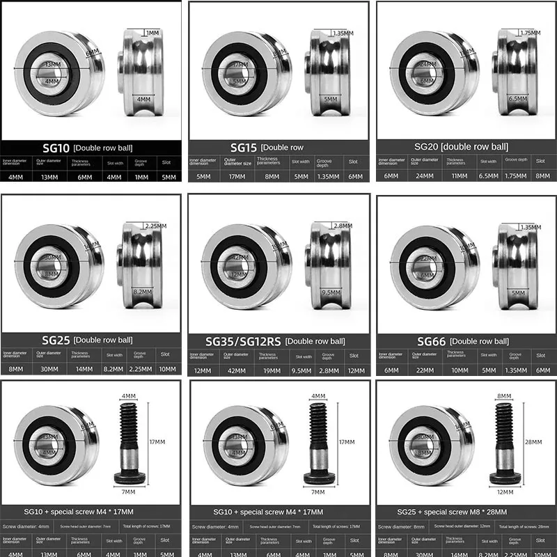 5set SG10 SG15 SG20 SG25SG66+M4 M5 M6 M8 Screw Bolts Bearing U-groove Track Guide Roller Bearing Textile Machine Pulley Bearings