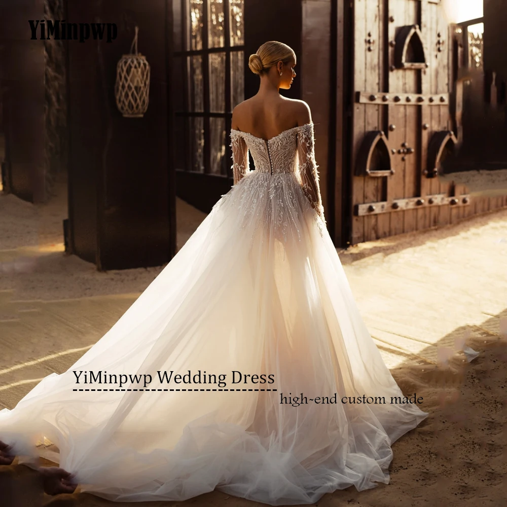 패션 웨딩 드레스 아플리케 오프 숄더 구슬 장식 풀 슬리브 a 라인 럭셔리 신부 드레스 스윕 기차 맞춤형