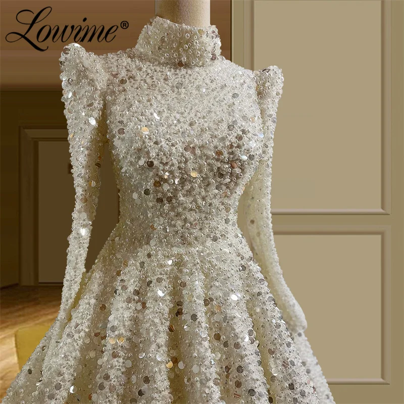 Heavy Beading Pearls Muslim Wedding Dresses High Neck Long Sleeves Middle East Dubai Wedding Bride Dress Bridal Gowns Customized