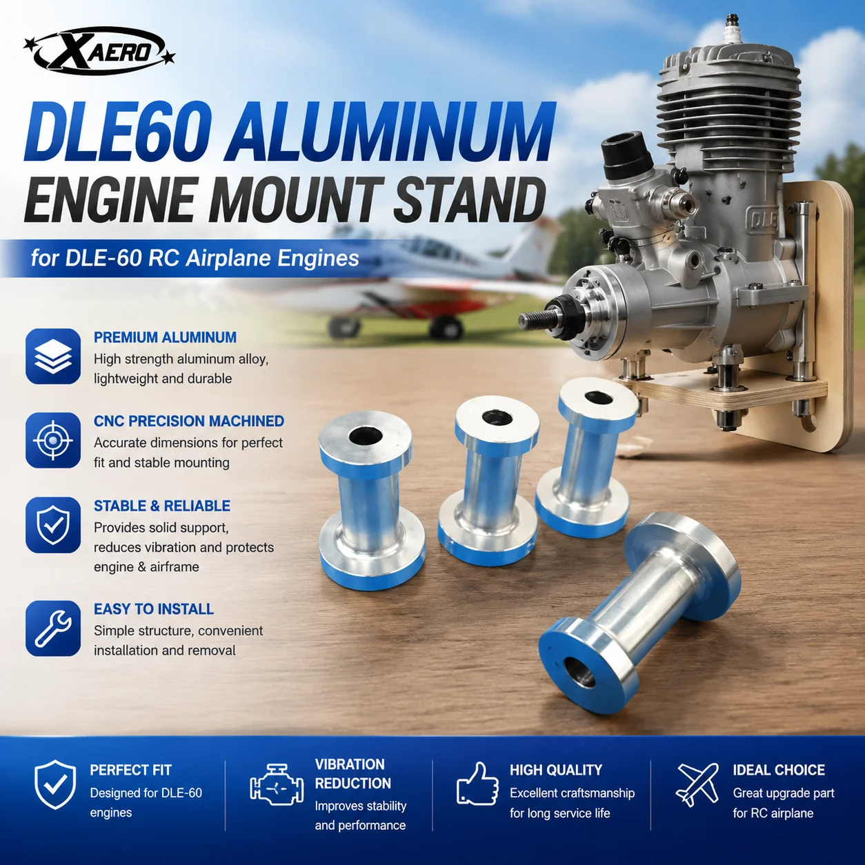 DLE60 Aluminum Engine Mount Stand for DLE-60 RC Airplane, 60cc Gas Motor Bracket Support, CNC Machined Accessories