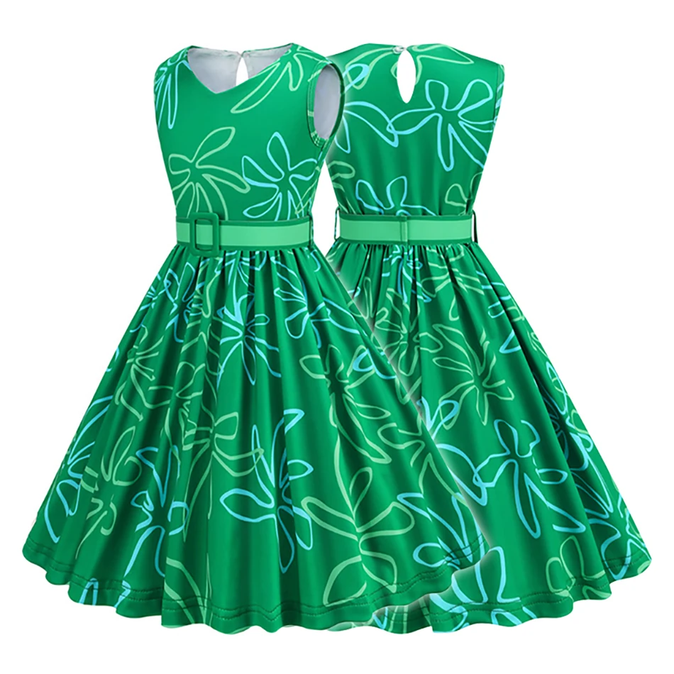 Enchanting Green Leaf Pattern Printing Feature Casual Dresses Little Girls Comes with Silk Scarf Set for Complete Princess Look