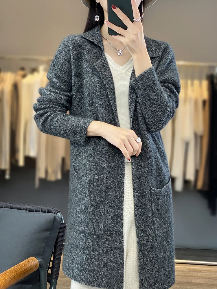 Autumn Winter Women 100% Merino Wool Overcoat Sweater V-neck Long Style Cardigan Long Sleeve Knitwear Casual Cashmere Clothing