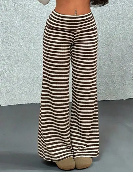 

Women's 2025 Spring and Summer Striped Casual Pants Elastic Slim Straight Leg Pants Fashionable Retro Casual Pants