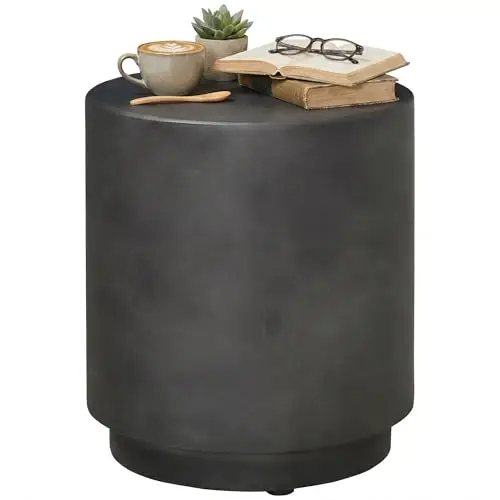 Outdoor Side Table Round Small End Table Concrete Finish Dark Gray | Indoor, Patio, Backyard, Pool, Porch, Garden, Lawn