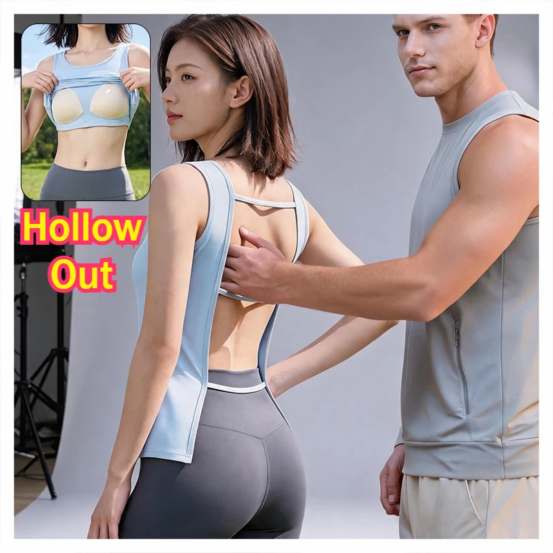 Women Backless Hollow Out Sleeveless T-Shirts Outdoor Revealing Clothing Couple Field Play Tank Tops Sunbathing Casual Beachwear