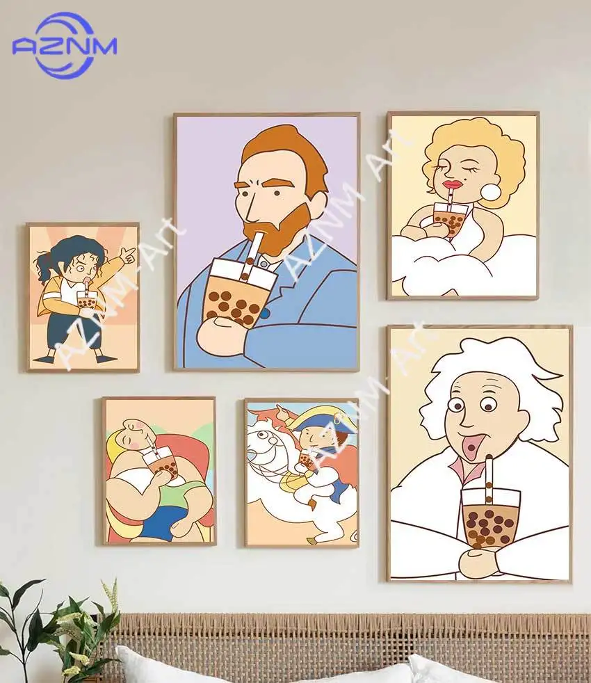 Lustiges Mona Lisa Bubble Tea Berühmtes Porträt Cartoon-Gemälde Nordischer Leinwand-Kunstdruck Poster Bild Wanddekoration Wohnzimmer Heim-Dekor