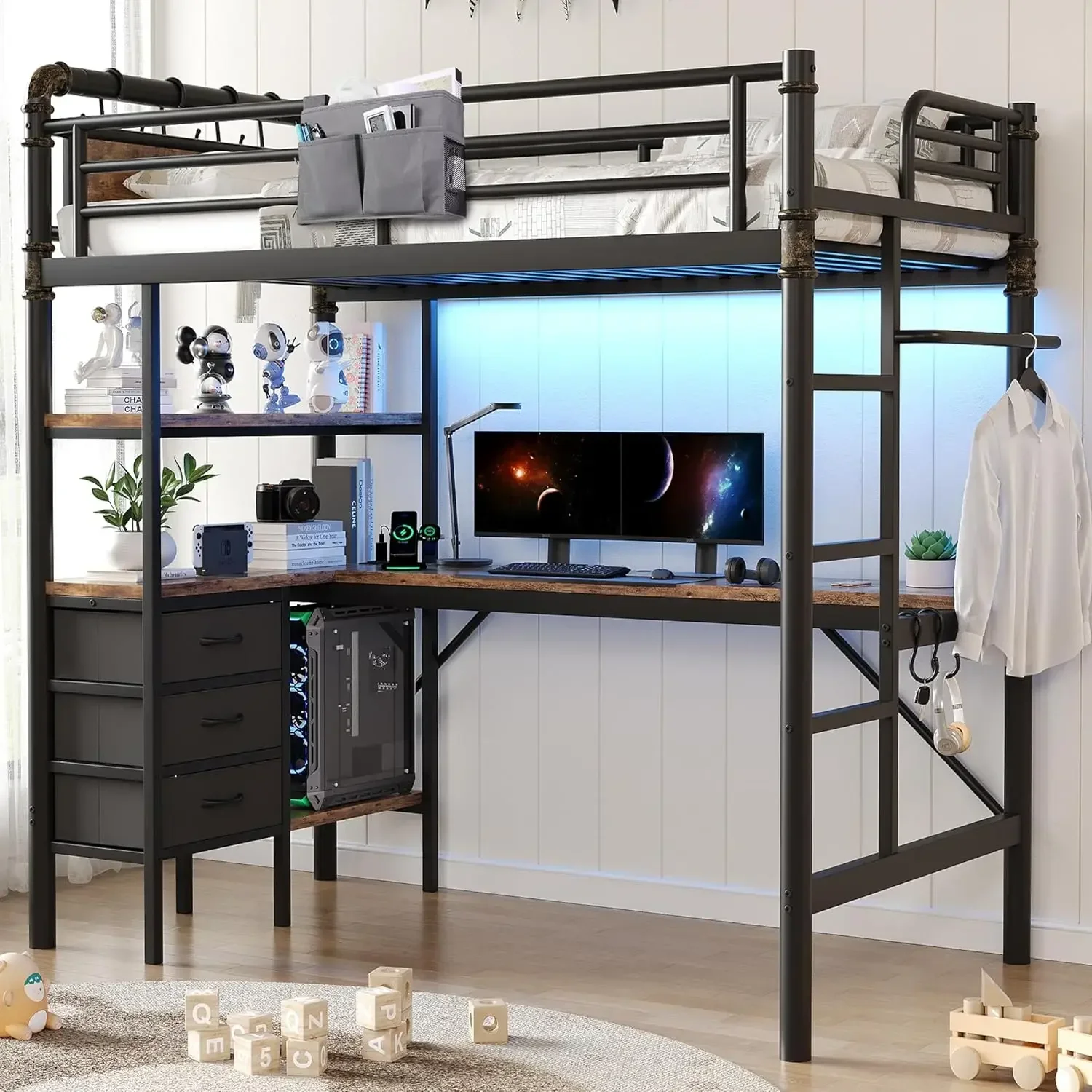 Twin Size Loft Bed with L-Shaped Desk, LED Lights,Charging Station, Industrial Heavy Duty Metal Loft Bed Frame with 3 Storage Sh