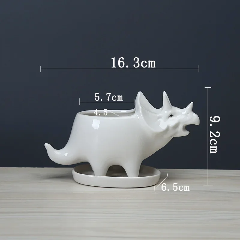 Ceramiczna donica Triceratops z tacą, kreatywna statua dinozaura doniczka ogrodowa na sukulenty doniczki Home Office dekoracja stołu