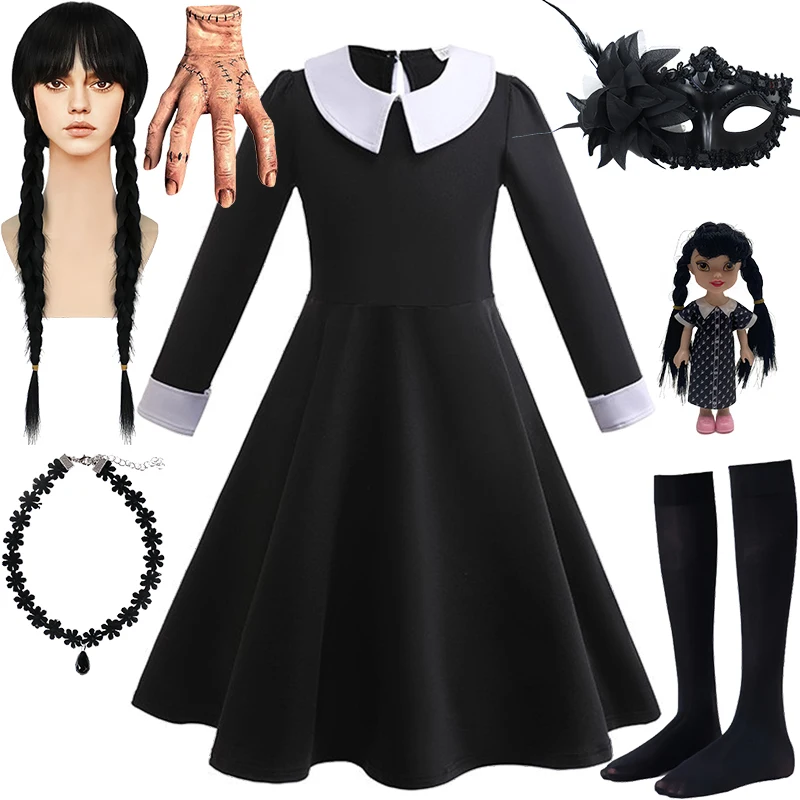 2-12Years Children's Full Sleeve Goth Black Addams Costume Halloween Disguised Girls Role-playing Makeup Ball Party School Dress