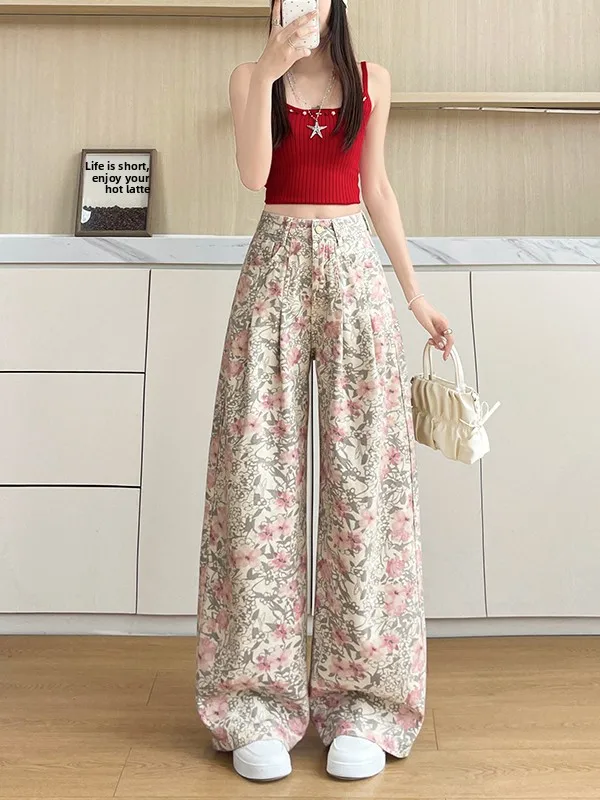 

American Design High Waist Wide Leg Jeans Women's Summer New Loose Slimming Drapey Casual Long Pants Cotton Polyester Blend
