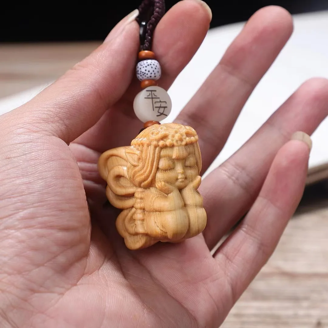 Cute Little Angel With Cheek Support Car Keychain Pendant Solid Wood Handicraft Decoration