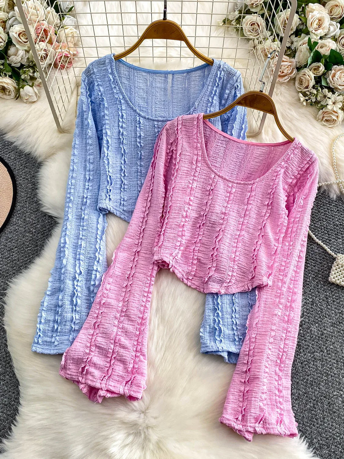 

Розовая текстура, вязаная кружевная блузка Bell Sve irt, женская осенне-зимняя утягивающая блузка в Корейском стиле для поездок на работу Sle