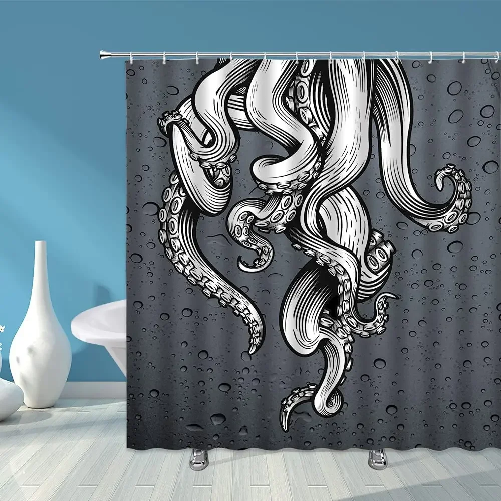 Octopus Tentacle Shower Curtain,Nautical Giant Ocean Kraken Tentacles Attack In Old Style Sail Ship Fabric Bathroom Curtain Hook