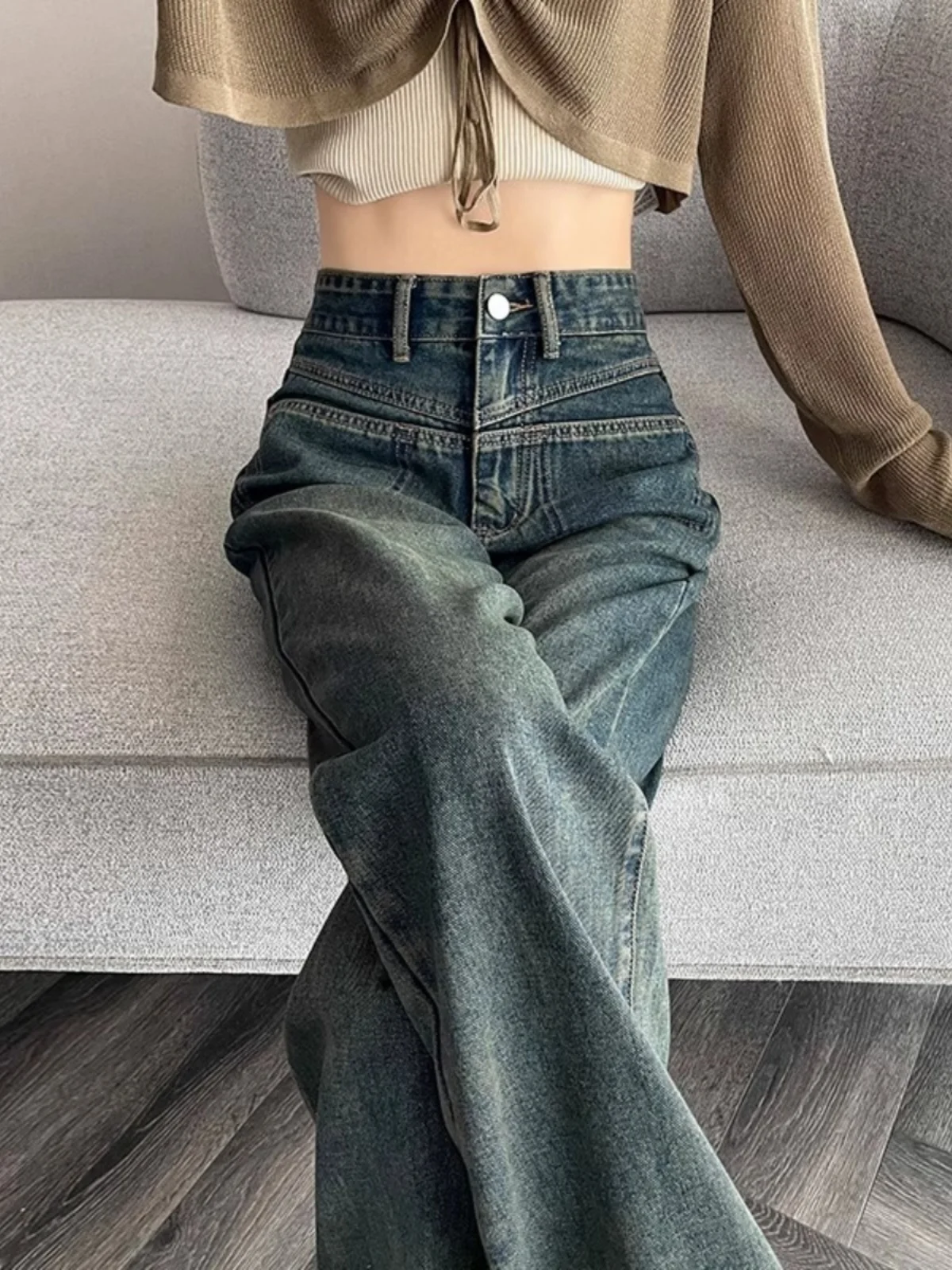 

Широкие джинсы с высокой талией, женские свободные джинсы для похудения в стиле ретро, Гонконг, маленький размер, узкая версия, прямая трубка длиной до пола