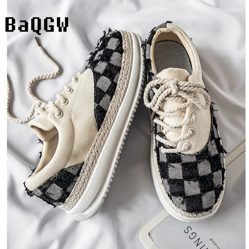 

Кроссовки на толстой подошве с рваным клетчатым джинсовым верхом, на шнуровке, в винтажном стиле, на платформе, повседневные, дышащие, из канваса, для мужчин и женщин
