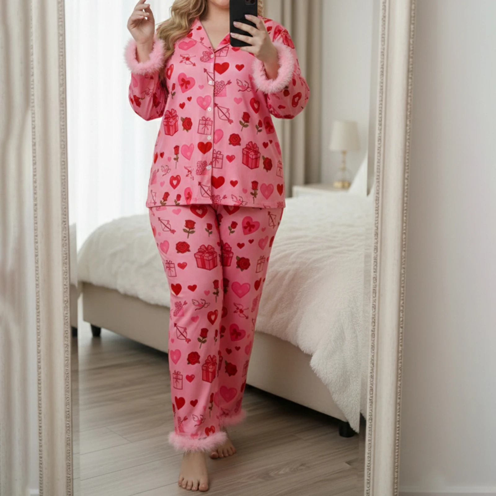 

2026 Spring Women's Pajama Set Sexy Ladies Heart Print Long Sleeve Top with Pants Sleepwear Loungewear for Valentine’s Day