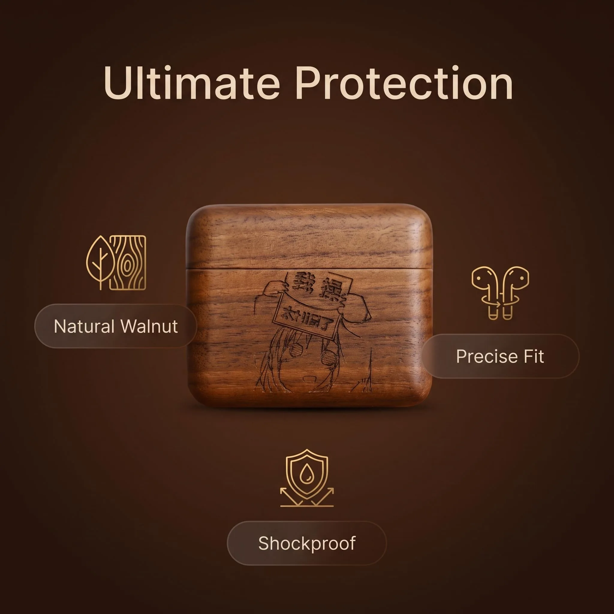 Walnut Wood Case for Bowers Wilkins PI6 PI8 Natural Solid Wood Cover Hand-Carved Pattern Wooden Earbuds Shell