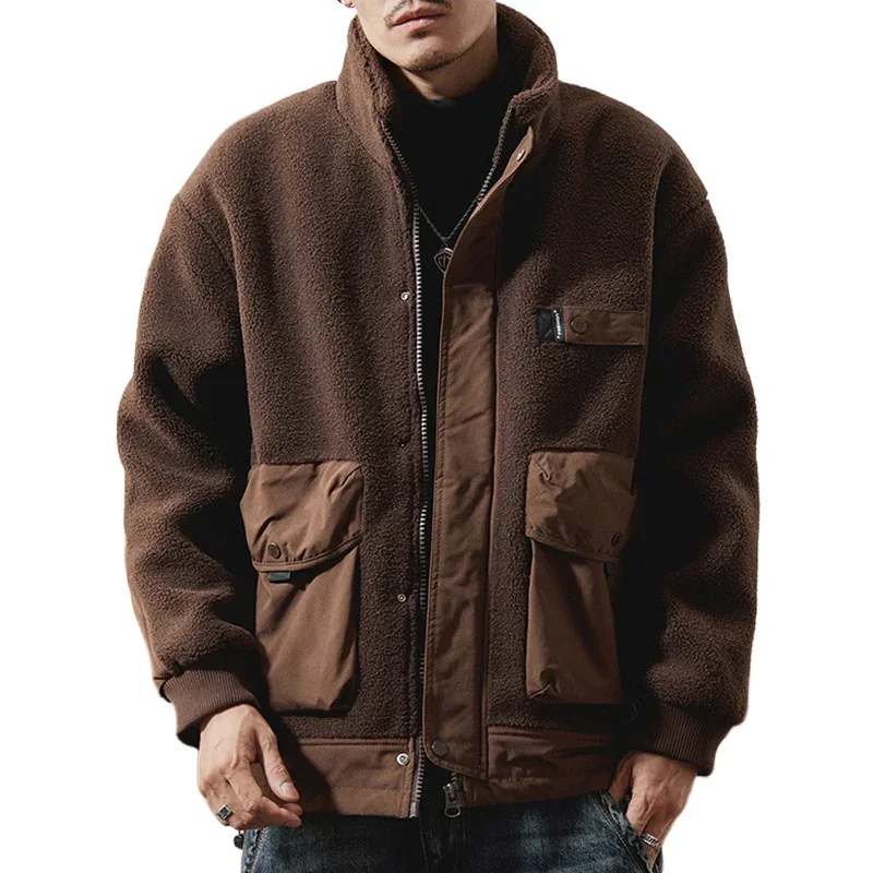 Splice Faux Fur Wool Parka Jacket Men Winter Streetwear Fashion Velvet Loose Casual Plus Size Motorcycle Jacket Coat