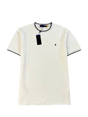 

Men's White Ringer Crew Neck T-Shirt, Soft Cotton Blend Short Sleeve Top with Small Embroidery
