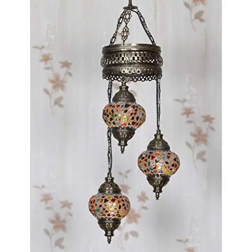 LaModaHome 35 + Unique Colors, 2020 Customizable Chandelier 3 Globes + Free 3 Bulbs, stunning Mosaic Turkish Lamp Moroccan Light