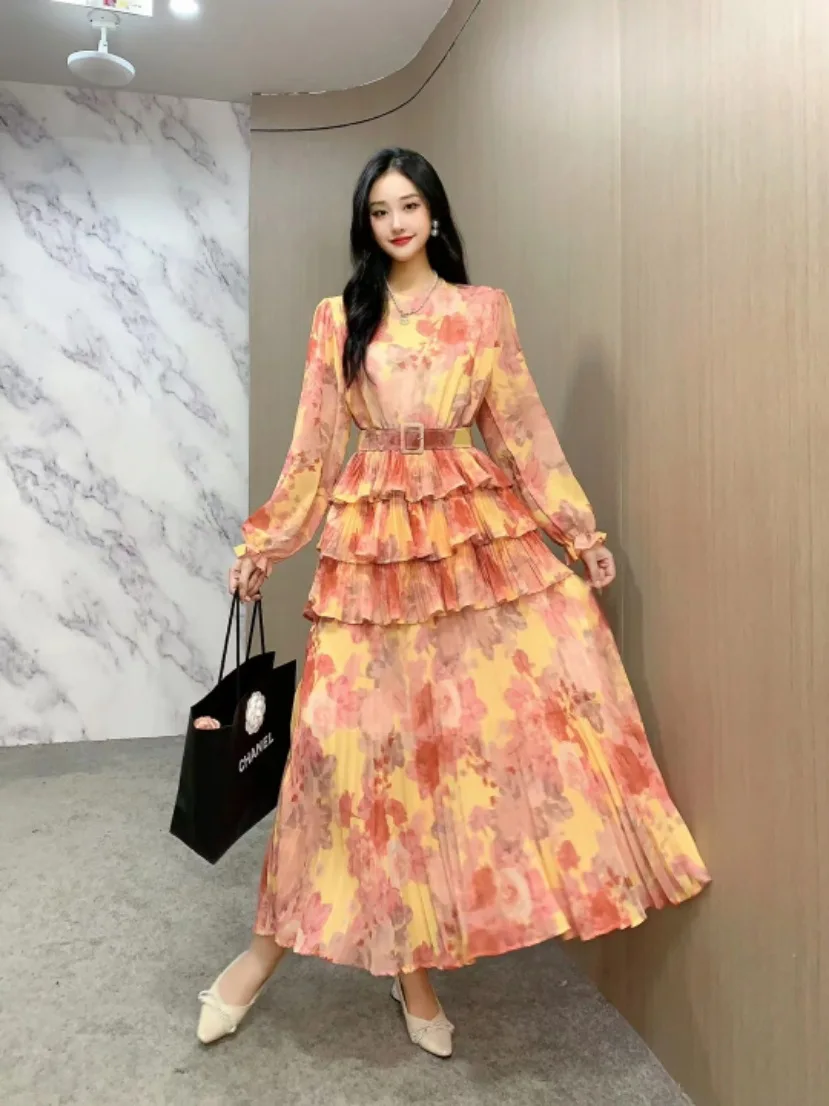 2024 New Spring Autumn Women Long Sleeve Belt Slim Long Dress High Quality Sweet Pleated Cake Big Hem Floral Muslim Dress