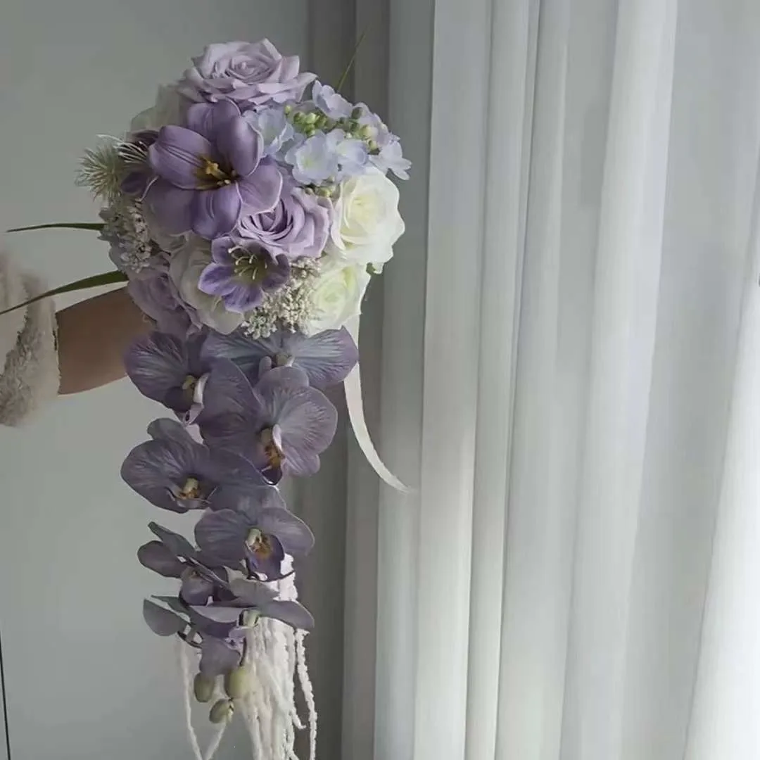 

Purple Phalaenopsis Waterfall Bouquet Bride Wedding Photography Wedding Dress Flower Certificate Props