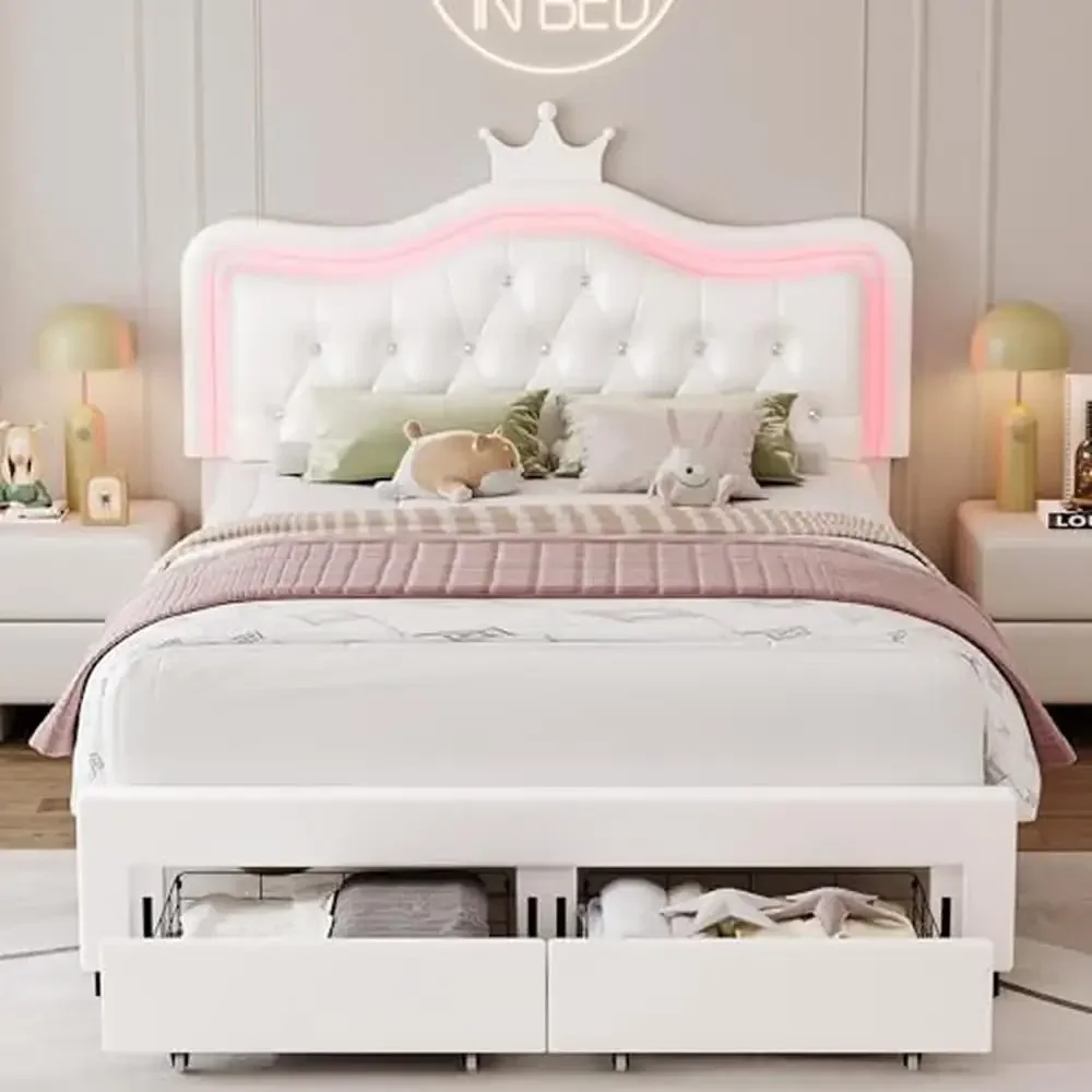 Queen Upholstered LED Bed Frame with Storage Crown Crystal Button Tufted Princess Platform Modern White Leather Princess Bed