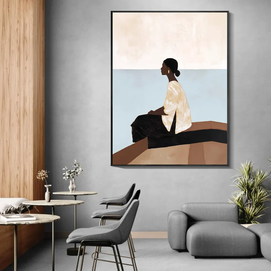 Woman By Horizon Coastal Painting, Original Hand-Painted Earth Tone Canvas, Minimalist Landscape Wall Art, Large Modern Neutral