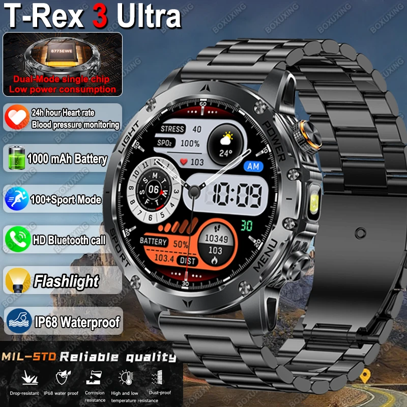 

Military T-Rex 3 Ultra 1000mAh Battery Smart Watch Men 5ATM Waterproof Flashlight Heart Rate Sports tracker Smartwatch 2026 New