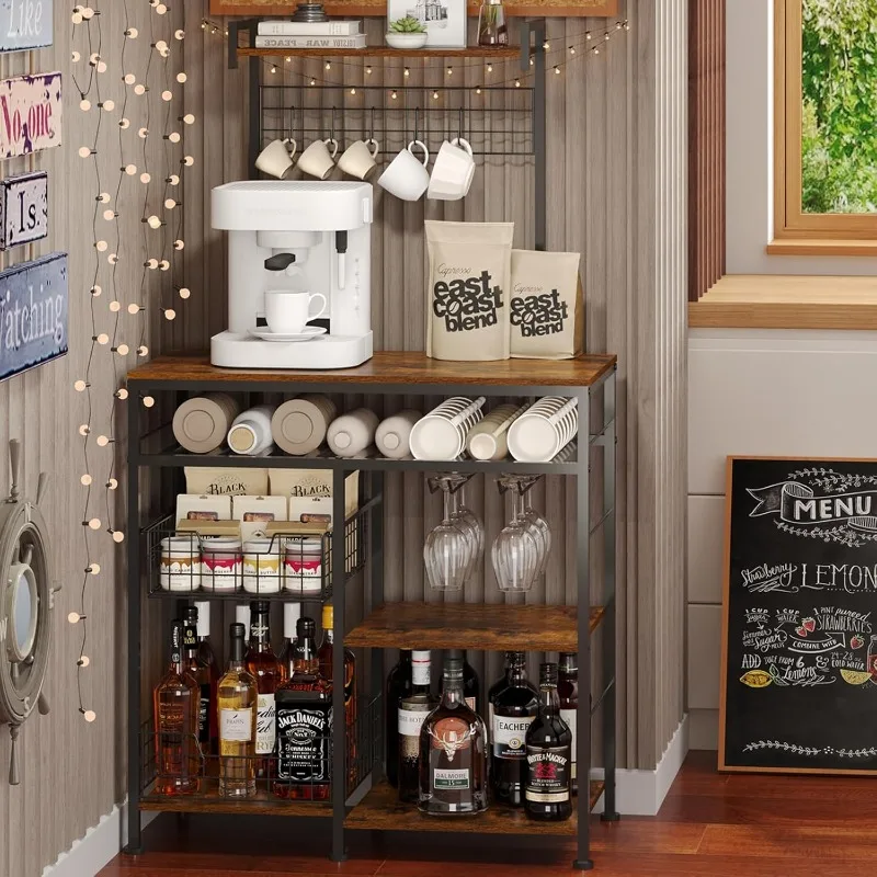 

Coffee Bar Cabinet 31" Sideboard Buffet Cabinet with 8 Hooks and Removable Sliding Storage Basket,Ideal for Kitchen& D